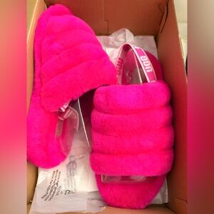 UGG Vibrant Pink Fluffy Slides